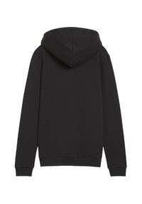 Sweat-shirt à capuche noire, en tissu coton, manches longues, poignets et ourlet côtelés, design uni, vue de dos. Aucun logo ou détail visible.