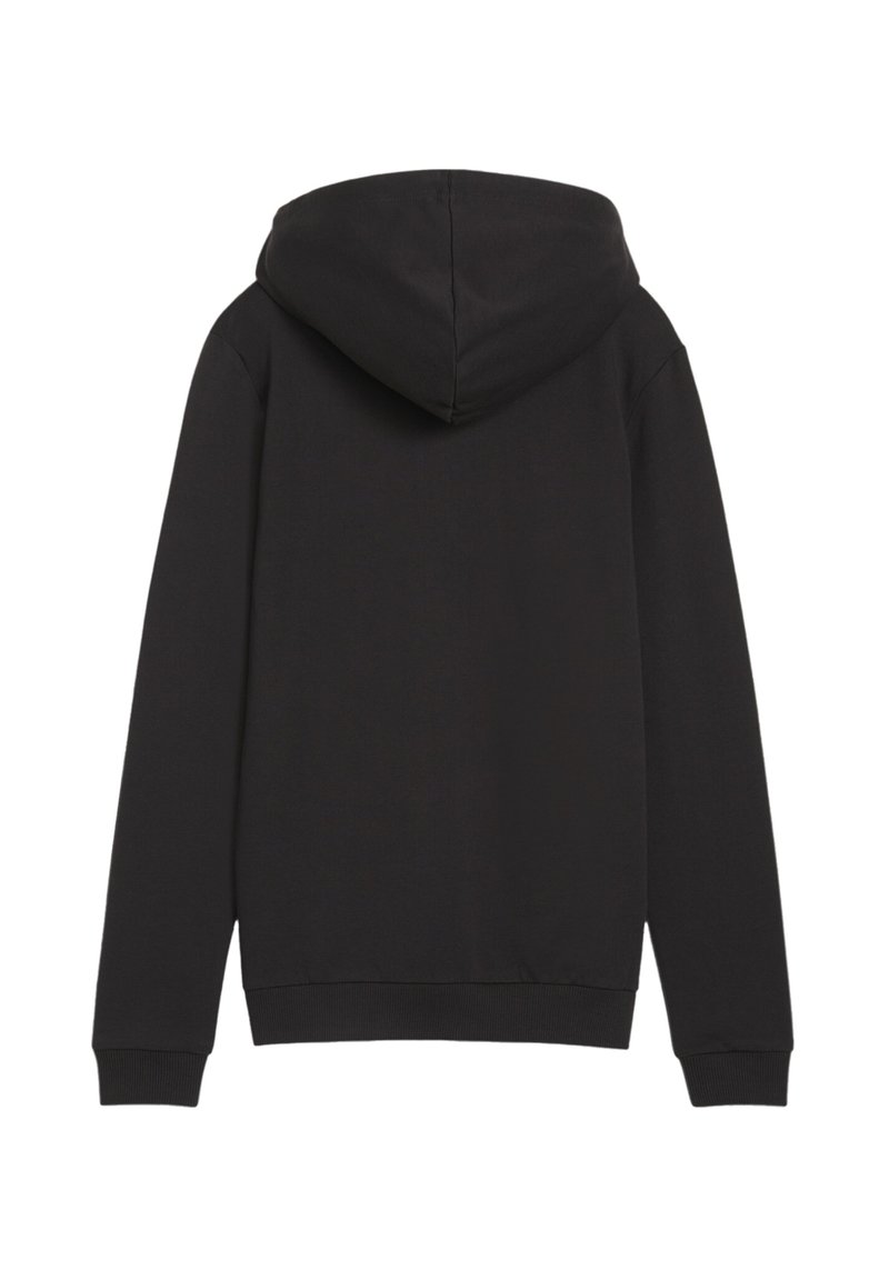 Schwarzes Kapuzensweatshirt, aus Baumwollstoff, lange Ärmel, gerippte Bündchen und Saum, schlichtes Design, Rückansicht. Keine sichtbaren Logos oder Details.