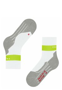 Weiße Socken mit grauen Akzenten, grünen Streifen und rotem Text. Sie verfügen über eine gepolsterte Sohle und ein geripptes Design für zusätzlichen Komfort. Größe 39-40.