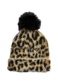 Lietus lakojuma cepure, izgatavota no mīkstas, pūkainas auduma, ar melnu pom-pomu virsotnē un salocītu apakšējo malu. Krāsas ietver beidzīgu un melnu.