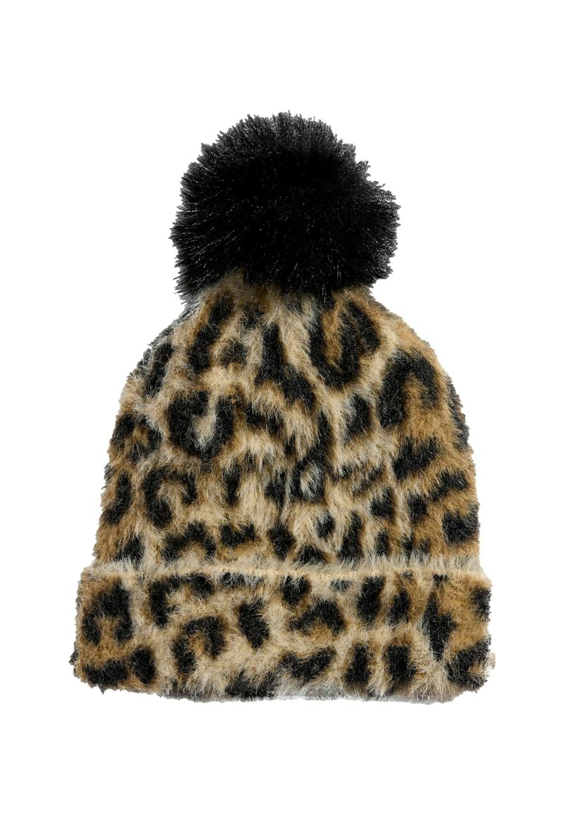 Lietus lakojuma cepure, izgatavota no mīkstas, pūkainas auduma, ar melnu pom-pomu virsotnē un salocītu apakšējo malu. Krāsas ietver beidzīgu un melnu.