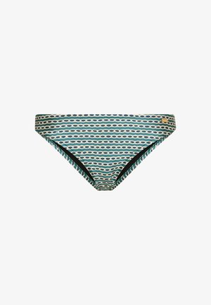 Sinine ja valge triibuline bikiinipõhi horisontaalsete ovaalsete mustritega ja väike kuldne ristkülikukujuline silt paremal küljel.