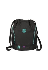 Sac à dos noir à cordon avec des accents turquoise, affichant un logo de Barcelone, des poches latérales en mesh et un compartiment zippé au bas.