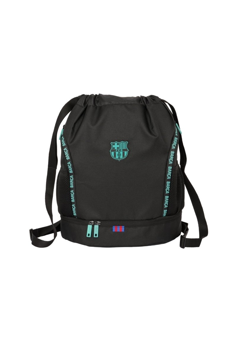 Sac à dos noir à cordon avec des accents turquoise, affichant un logo de Barcelone, des poches latérales en mesh et un compartiment zippé au bas.