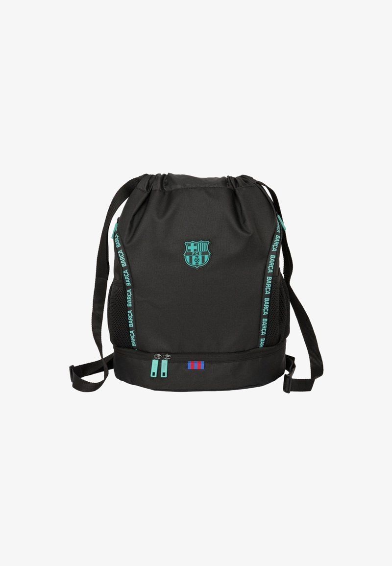 Sac à dos noir à cordon avec des accents turquoise, affichant un logo de Barcelone, des poches latérales en mesh et un compartiment zippé au bas.
