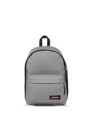 Gray Eastpak backpack with front zipper pocket and black top handle, shown against a white background.