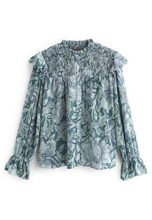 Blauwgroene bloes met bloemmotief, voorzien van smockdetails, lange geruchte mouwen, knoopsluiting aan de voorkant en een kleine opstaande kraag.