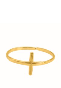 Bague ajustable en ton or, présentant un design de croix minimaliste, avec une finition lisse et polie et une bande fine.