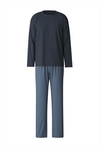 Haut à manches longues bleu marine foncé avec un col rond, associé à un pantalon bleu à motifs présentant un design géométrique dans une teinte plus claire de bleu.