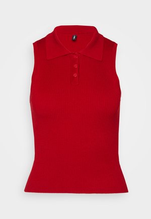 Piros ujjatlan póló, bordás textúrával és gallérral. Elöl három gomb található, és a fazon testhezálló, amely a szegélyen bővül.