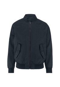 Donkerblauwe bomberjack met een hoge kraag, vooraan een rits, twee knoopsluitingen op de zijzakken, en ribstof bij de mouwen en onderkant. Gladde stoftextuur.