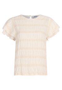 Blouse blanche avec manches courtes à volants et motif rayé texturé. Dotée d'un col rond et d'une petite fermeture à boutons à l'arrière.