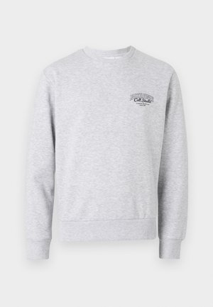 Pelēks sporta krekls ar apaļu izgriezumu, ribotām piedurknēm un apakšmalu, izrotāts ar mazu melnu logotipu uz krūšu daļas. Izgatavots no mīksta, teksturēta auduma.
