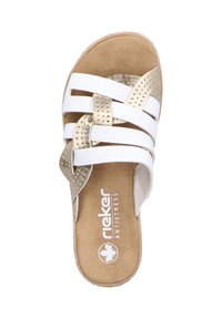 White slide sandal with three straps, one decorative metallic gold strap, cushioned insole, and Rieker Antistress branding.