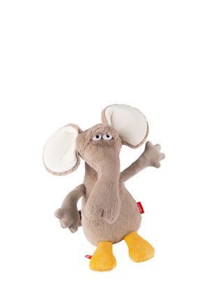 Giocattolo di peluche che assomiglia a un elefante con grandi orecchie, occhi cascanti, una proboscide lunga, braccia grigie e piedi giallo brillante, su sfondo bianco.