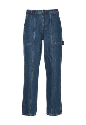 Pantaloni in denim di blu medio, con una vestibilità rilassata, gamba dritta, cuciture a contrasto e una tasca laterale con una pattina in velcro.
