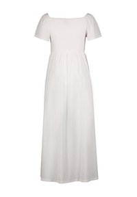 Vit maxiklänning med fyrkantig halsringning, korta puffärmar och smockad bodice. Flödande tyg och en skiktad kjol. Slät textur.