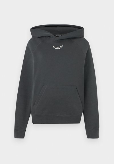 Dark gray hoodie with a front pocket, ribbed cuffs, and a small white wing logo on the chest. Soft fabric with a relaxed fit and hooded design.