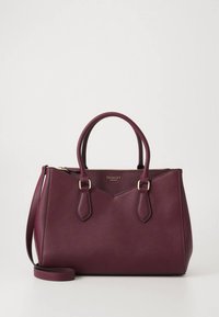 Burgundi värvi käekott kahe ülahoidjaga, tekstuurse kunstnahaga, dekoratiivse õmblusega ja eemaldatava õlarihmaga, esiküljel logoga.