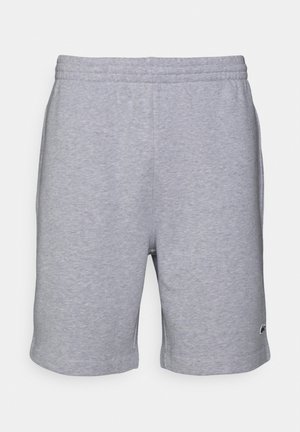 Lichtgrijze katoenen korte broek met elastische tailleband en klein genaaid logo vlakbij de onderzoom aan de linkerbeenzijde.