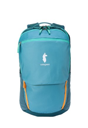 Blue Cotopaxi backpack with turquoise zippers, orange side accents, top handle, and front llama logo.