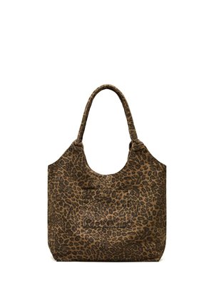 Sac cabas à imprimé léopard avec poignées courtes et une petite poche avant, fabriqué en tissu doux et texturé.