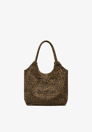 Taška přes rameno s leopardím potiskem, krátkými uchy a malou přední kapsou, vyrobená z měkké texturované látky.