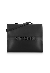 Borsa a tracolla in pelle nera con un design strutturato, caratterizzata da un evidente logo in rilievo "WITTCHEN" e una lunga tracolla regolabile.