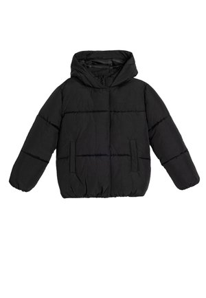 Chaqueta acolchada negra con capucha, con diseño acolchado, bolsillos delanteros y puños elásticos. Material suave y ligero.