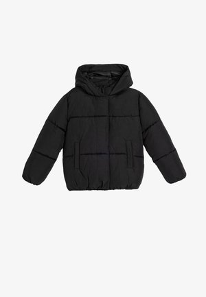 Czarna puchowa kurtka z kapturem, z pikowanym wzorem, przednimi kieszeniami i elastycznymi mankietami. Miękki, lekki materiał.