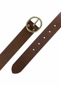 Ceinture en cuir marron avec une boucle en laiton circulaire. Elle présente plusieurs trous d'ajustement sur toute sa longueur et une extrémité effilée.