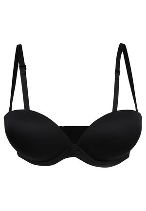 Zwarte beha met beugel en gewatteerde cups, verstelbare bandjes, gladde stof en een haak-en-oogsluiting op de rug.