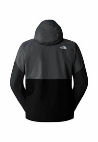 Veste à capuche pour homme en noir et gris, fabriquée dans un matériau lisse et résistant à l'eau, avec un design à blocs de couleurs contrastantes et un détail de logo.