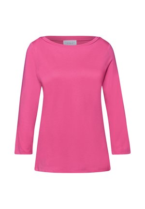 Chemise à manches longues rose vif avec un col rond, fabriquée en tissu lisse, présentée sur un fond blanc.