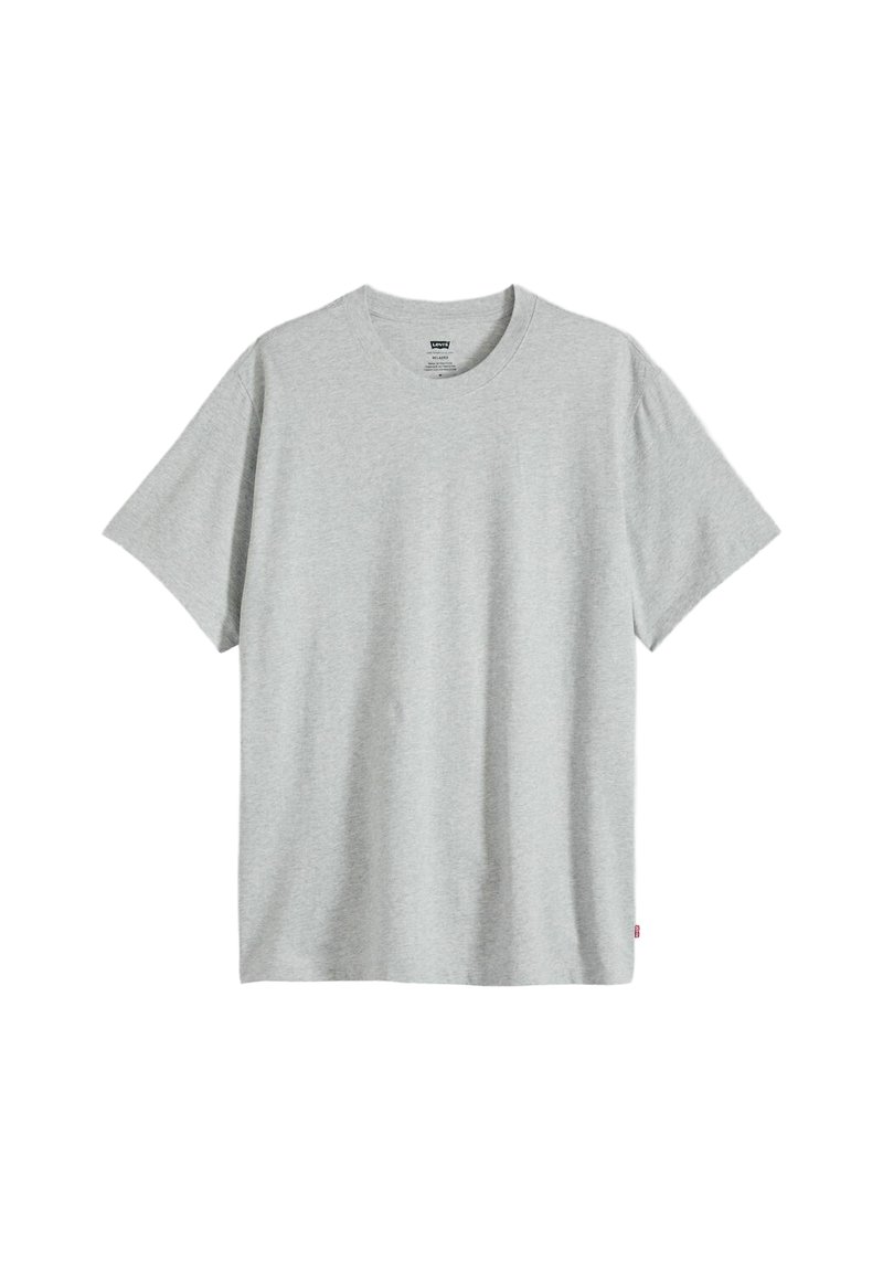 Graues T-Shirt mit kurzen Ärmeln aus weicher Baumwolle. Es besitzt einen klassischen Rundhalsausschnitt und eine lockere Passform sowie ein kleines Logolabel am Saum.