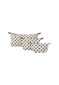 Trois pochettes à pois crème avec des pois noirs, fabriquées en tissu avec des fermetures éclair et des accents noirs, de tailles variées.