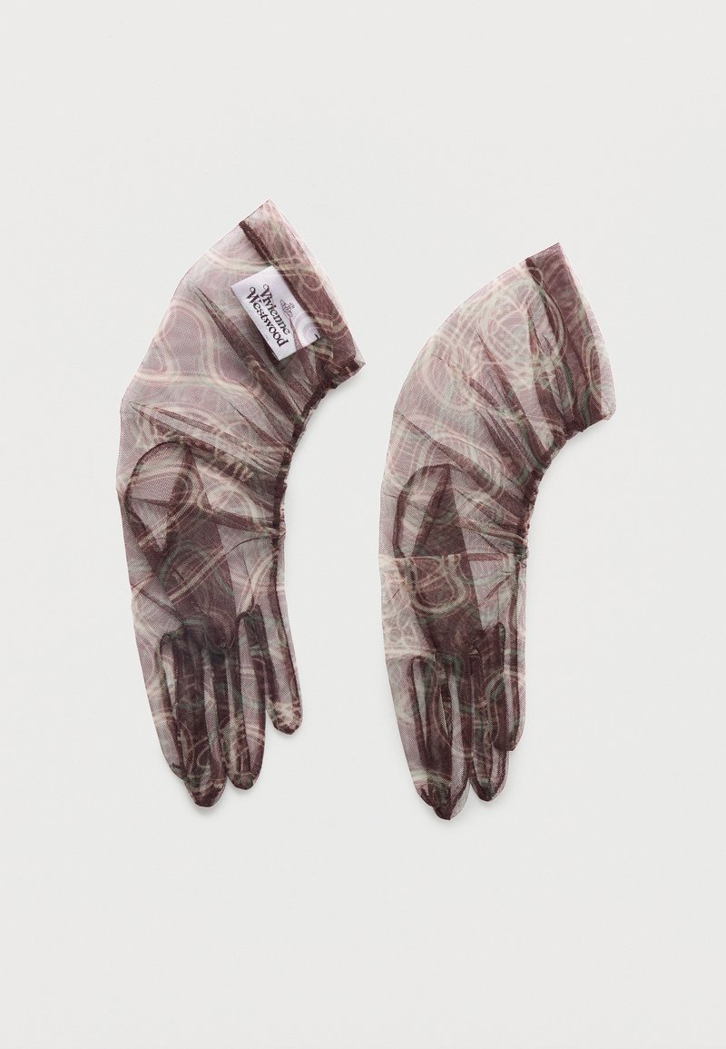 Guanti lunghi trasparenti e decorati in tonalità di viola smorzate, con una piccola etichetta di tessuto cucita vicino al polso su un guanto.