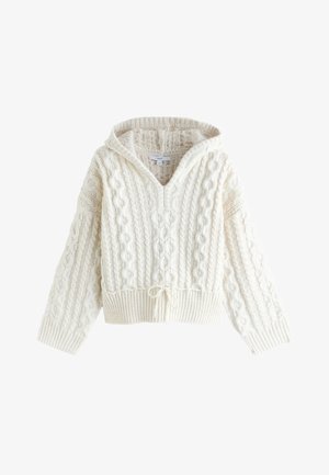 Pulover gros, tricotat, culoarea crem, cu glugă, model cu torsade, decolteu în V, mâneci lungi, manșete striate și șnur la tiv.