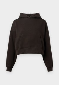 Moleton cropped preto feito de tecido suave, apresentando um bolso canguru, punhos canelados e um detalhe de logótipo texturizado no peito.