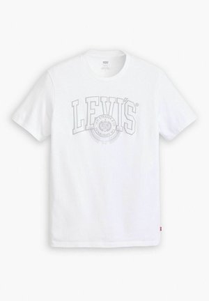 Weißes Baumwoll-T-Shirt mit einem großen grauen Levi's-Logo über der Brust. Kurze Ärmel und ein Rundhalsausschnitt mit Nahtdetails.