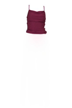 Top sans manches bordeaux avec une silhouette ajustée. Présente un tissu froncé pour un toucher texturé et des bretelles fines réglables.