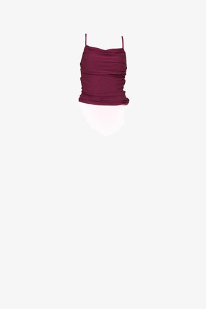 Burgundy sleeveless top with a fitted silhouette. Features ruched fabric for added texture and thin adjustable straps.