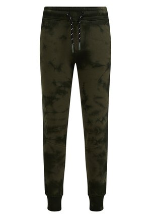 Pantalon de jogging tie-dye vert foncé avec cordons noirs, poignets côtelés et taille élastique.