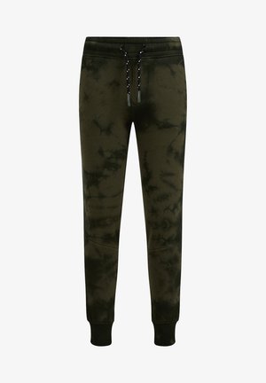 Dunkelgrüne Batik-Jogginghose mit schwarzen Kordeln, gerippten Bündchen und elastischem Bund.