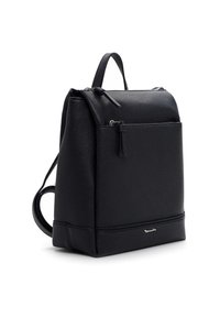 Czarny skórzany plecak o teksturowanej powierzchni, kwadratowym kształcie, górnym uchwycie, regulowanych paskach oraz przedniej kieszeni na zamek. Nowoczesny design.