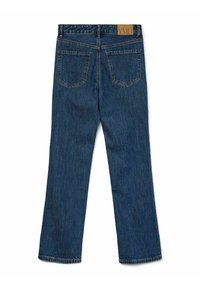 Dark blue denim jeans with straight legs, two back pockets, belt loops, and a brown leather patch with "VMD" logo on the waistband.