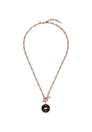 Halskette aus roségoldener Kette mit rundem schwarzem Anhänger, der ein Auge, Mondsicheln und Sterne zeigt, mit einem Knebelverschluss.