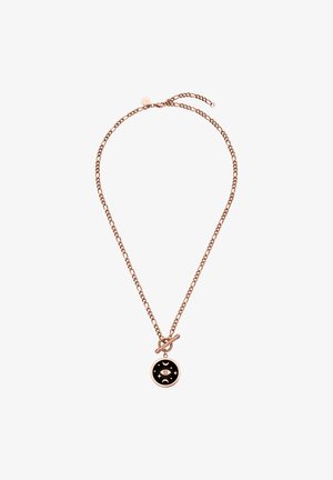 Halskette aus roségoldener Kette mit rundem schwarzem Anhänger, der ein Auge, Mondsicheln und Sterne zeigt, mit einem Knebelverschluss.