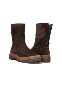 Bottines en daim marron avec fermeture éclair latérale, surface texturée et semelle en caoutchouc. Comprend des coutures décoratives et un design à talon bas.