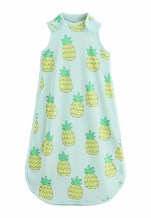 Sleeveless light blue baby sleep sack with green and yellow pineapple pattern and snap buttons on shoulders.